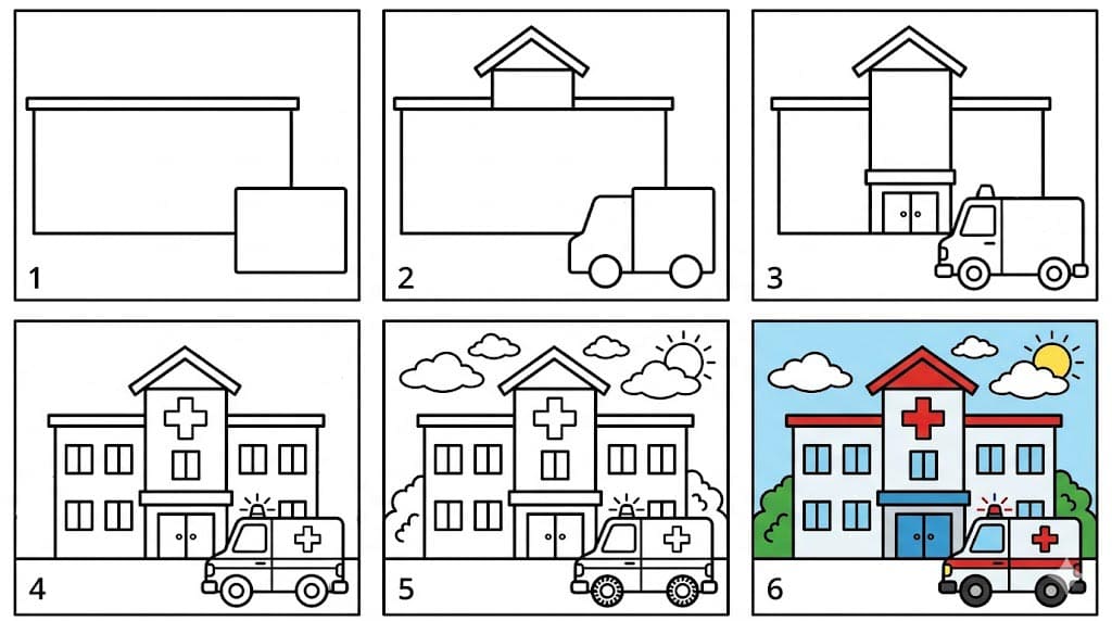 Hospital with an ambulance Drawing Ideas