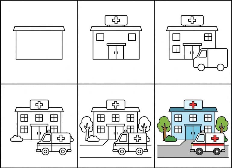 Hospital with doctor and ambulance Drawing Ideas
