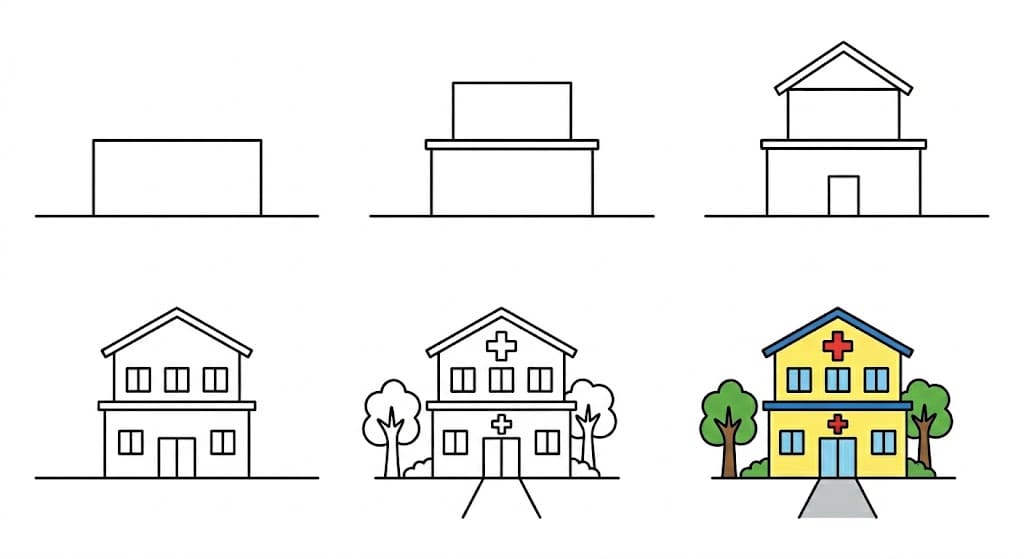 Hospital with trees Drawing Ideas