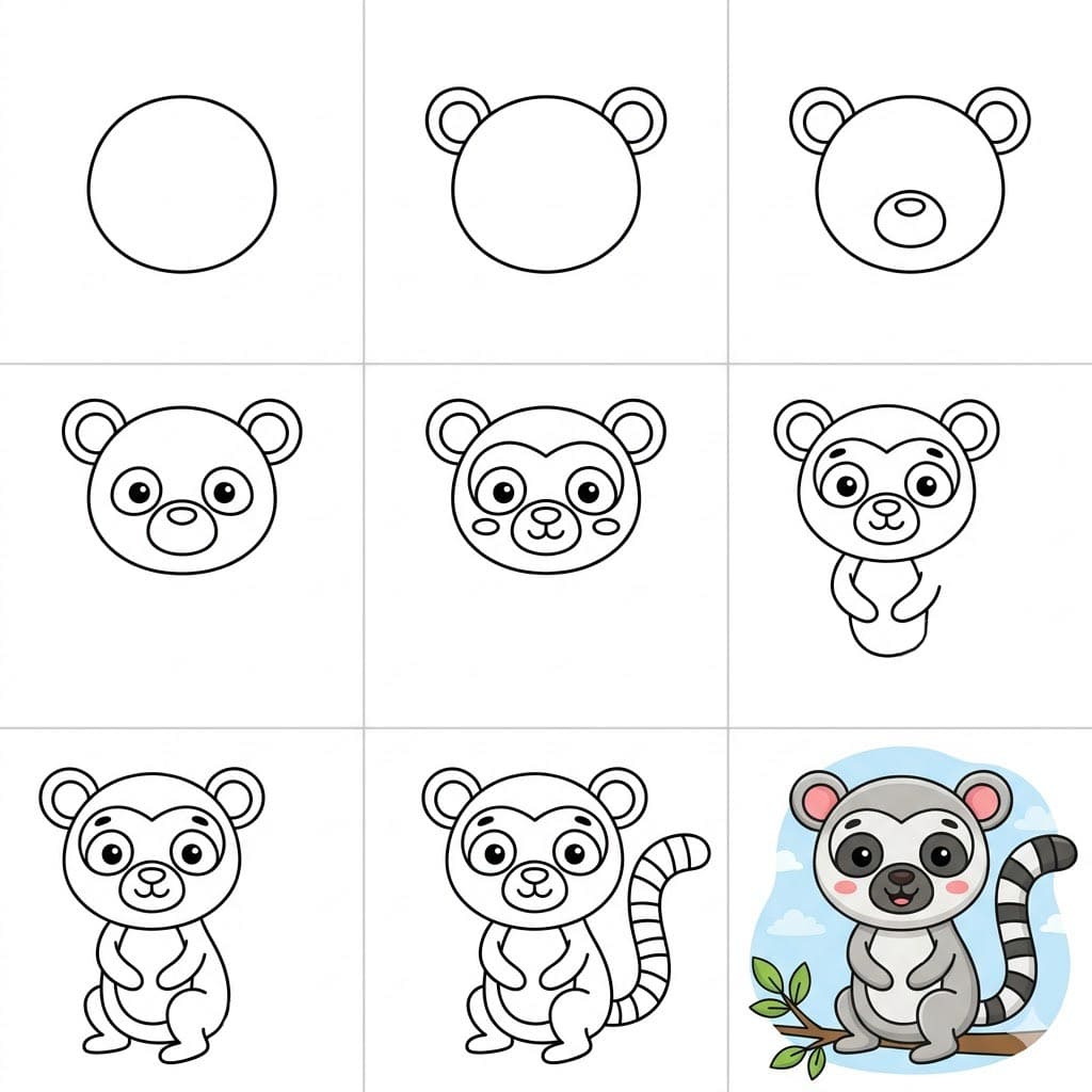 Lemur sitting on tree branch Drawing Ideas