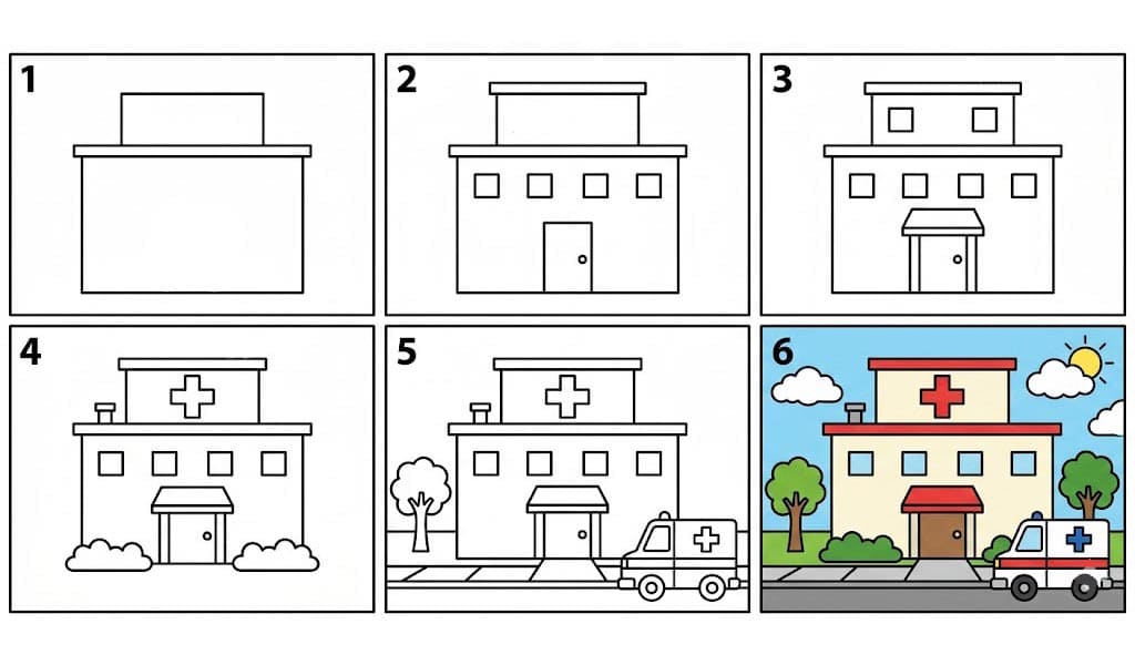 Simple hospital building Drawing Ideas