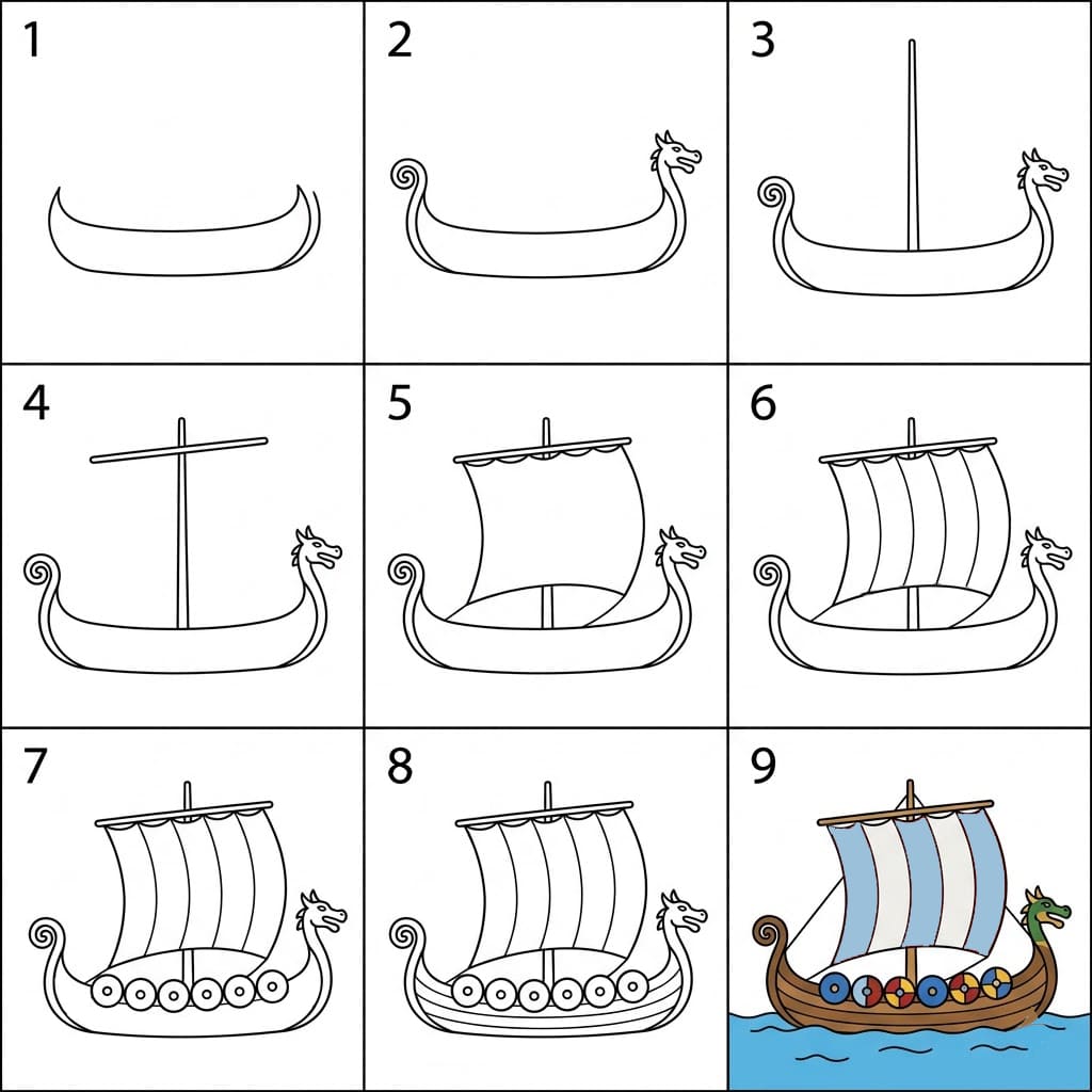 Viking ship on the sea Drawing Ideas