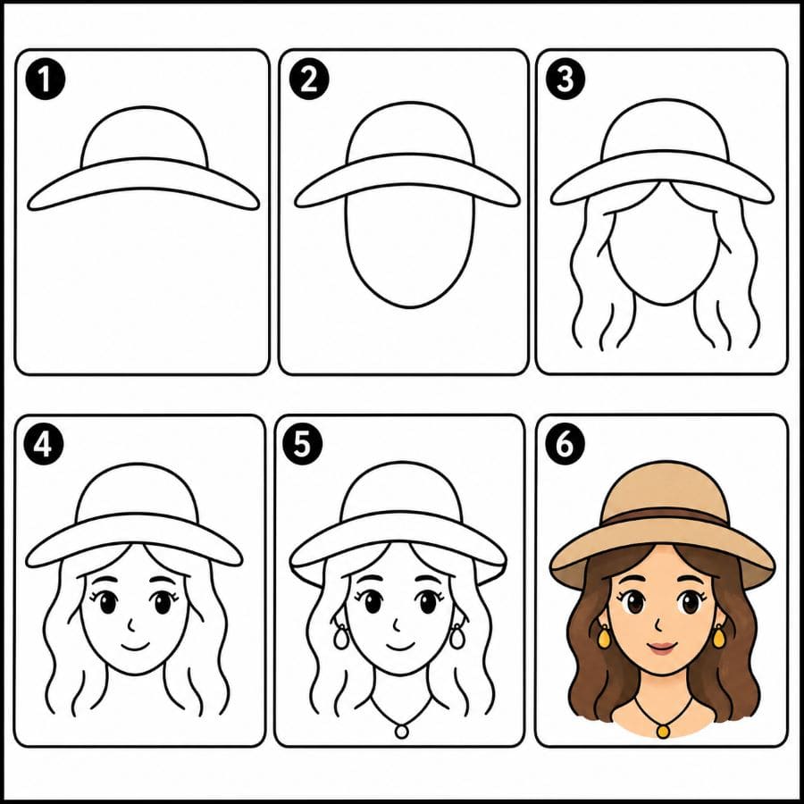 Woman face wearing a hat Drawing Ideas