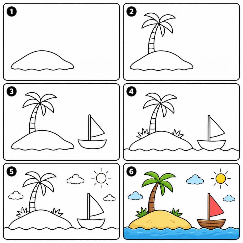 Island and a boat Drawing Ideas