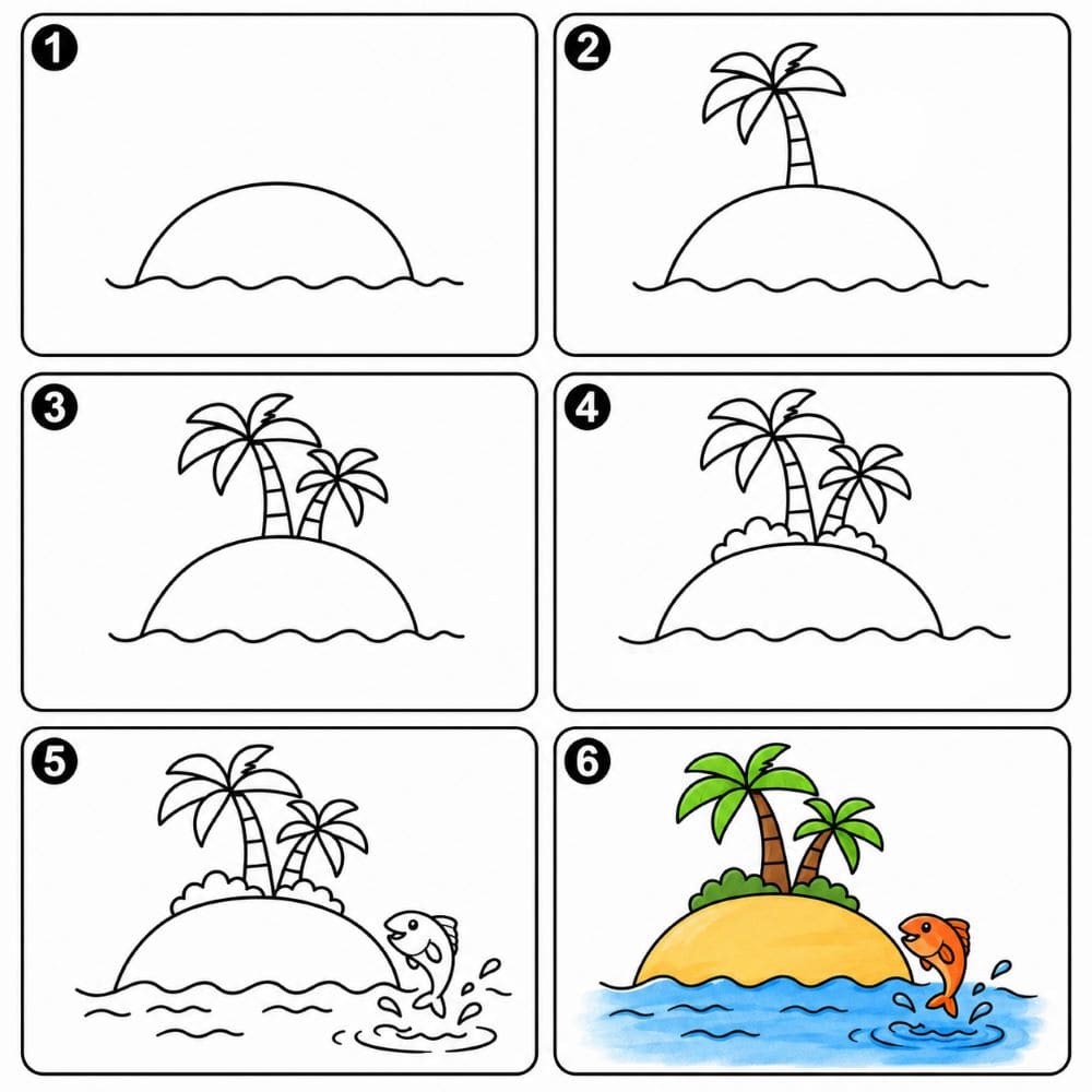 Island and a fish Drawing Ideas