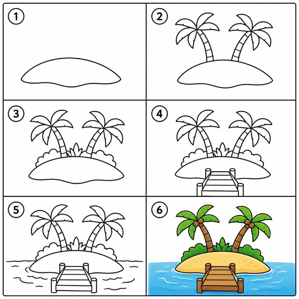 Island and a wooden dock Drawing Ideas