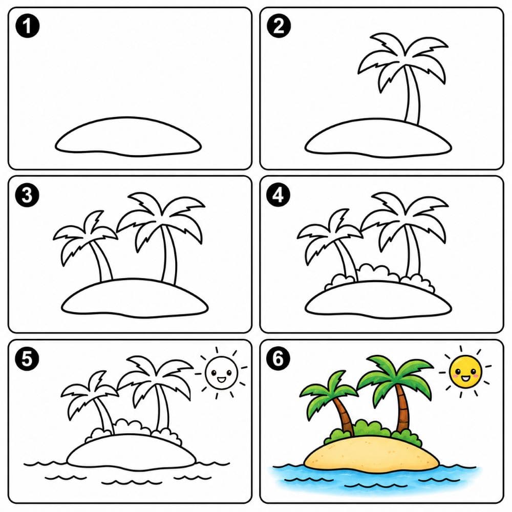 Island and smiling sun Drawing Ideas