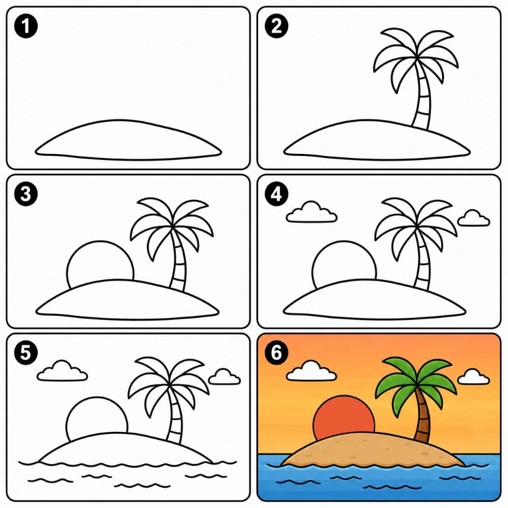Island in sunset Drawing Ideas