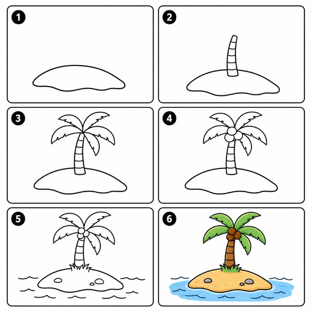 Island with a coconut tree Drawing Ideas