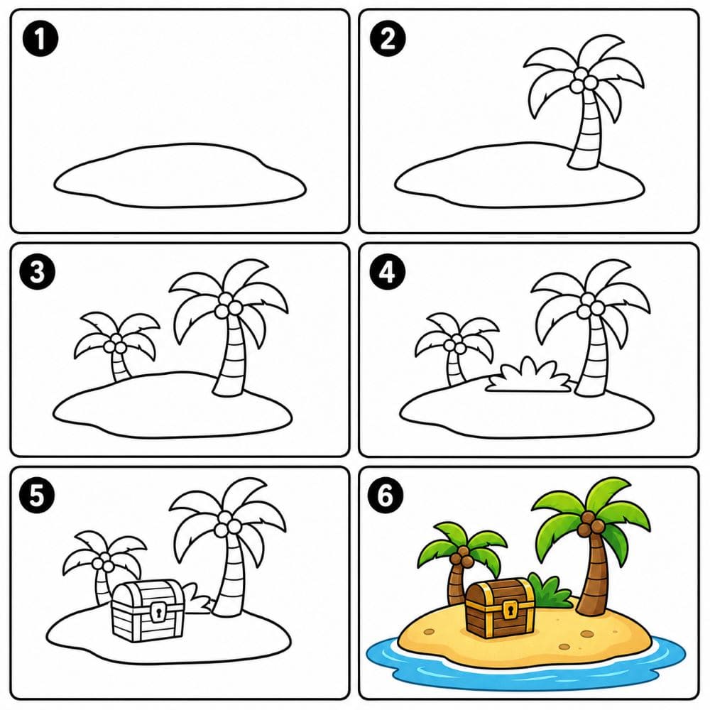 Island with a treasure chest Drawing Ideas