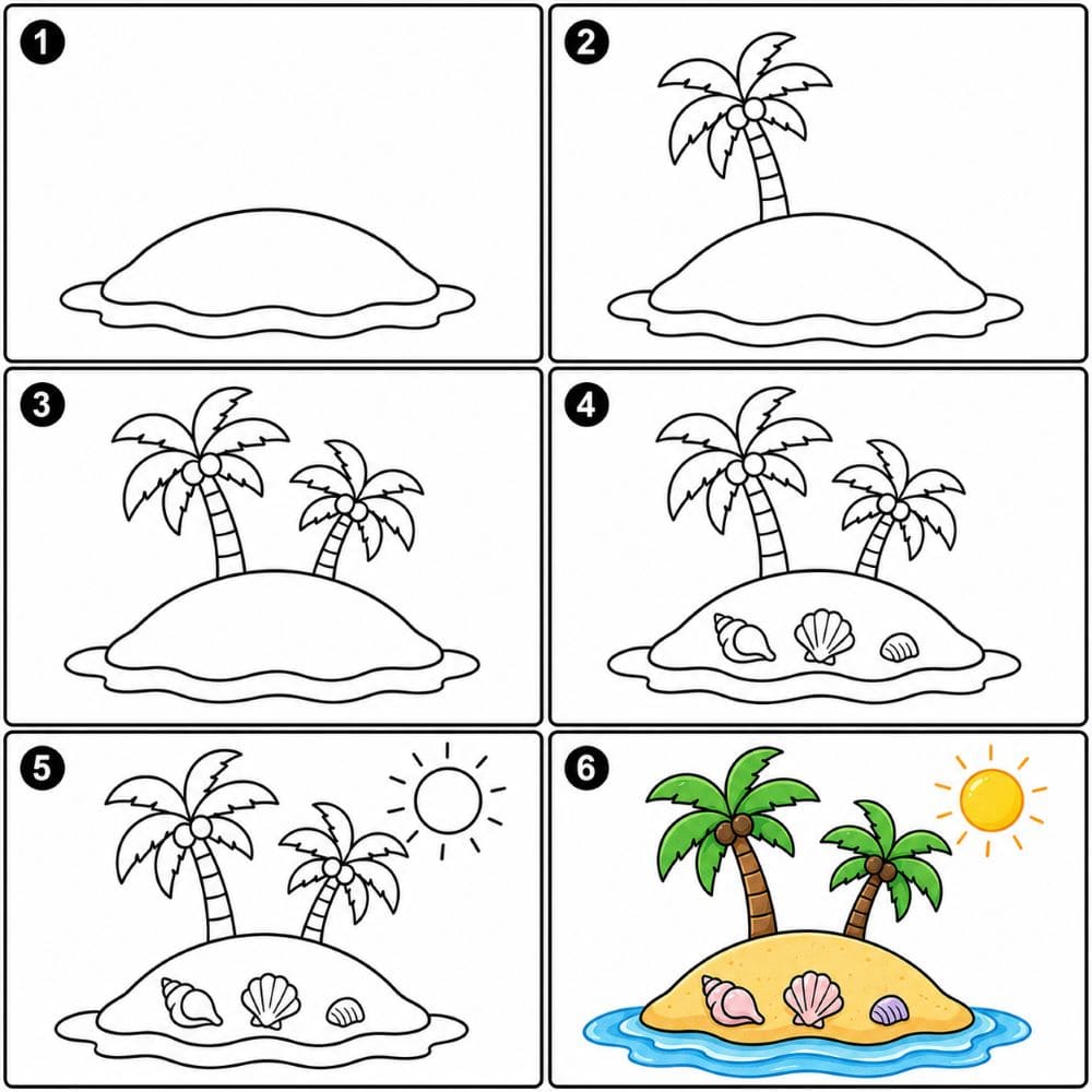 Island with seashells on the shore Drawing Ideas