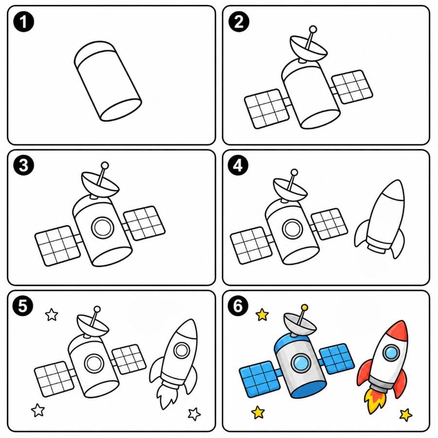 Satellite with rocket Drawing Ideas