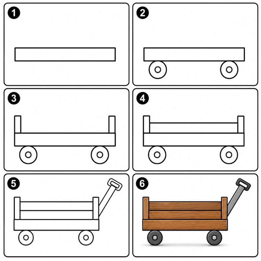 Simple wooden wagon with two wheels Drawing Ideas