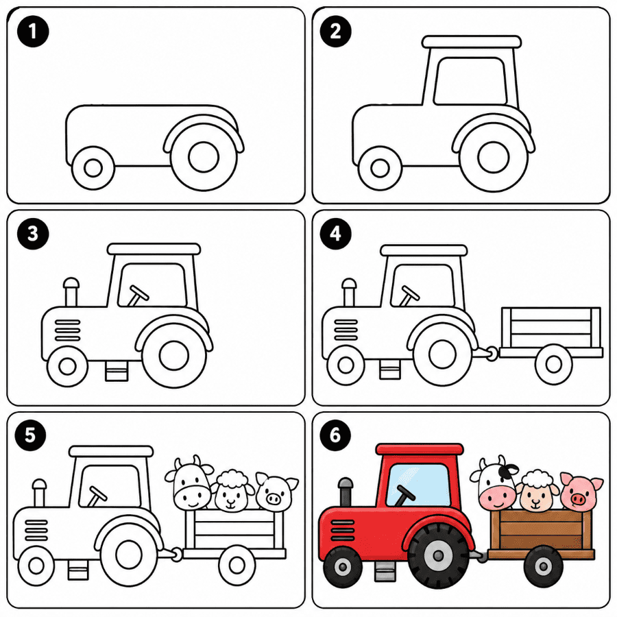 Tractor carrying farm animals Drawing Ideas