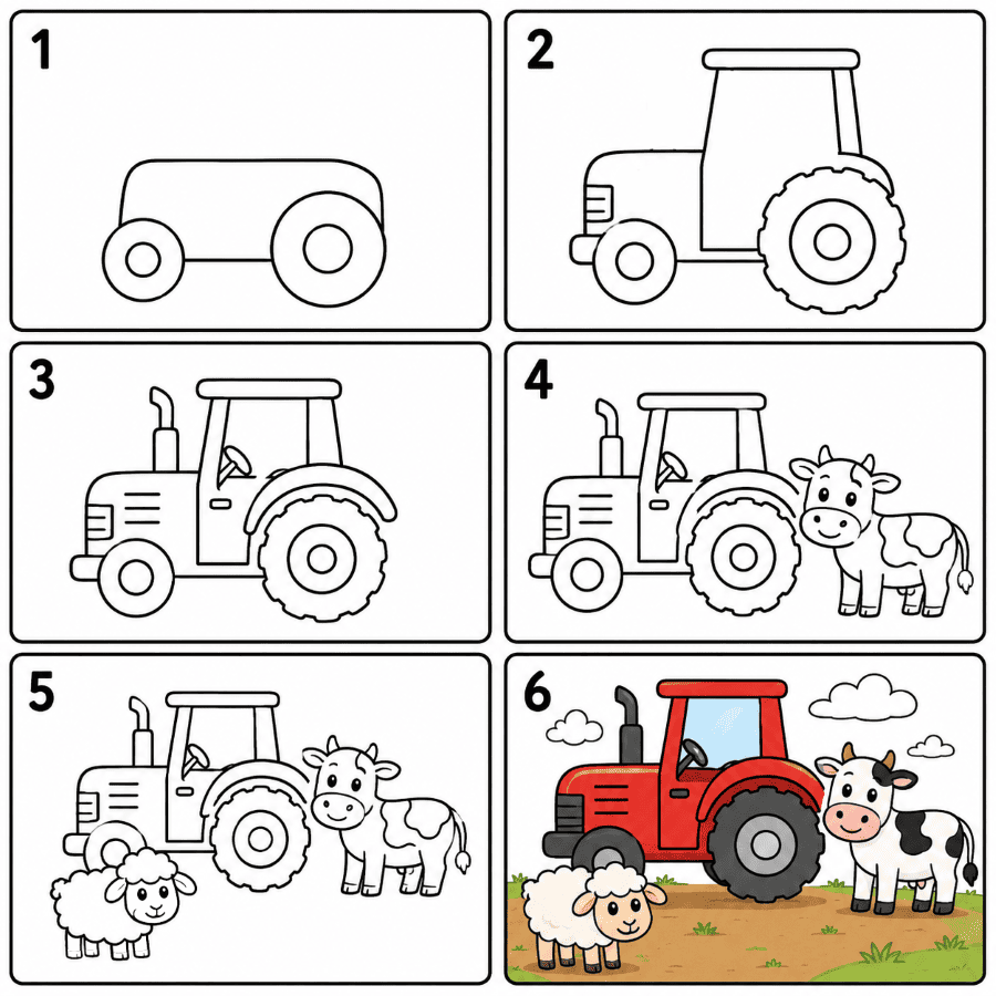 Tractor with farm animals Drawing Ideas