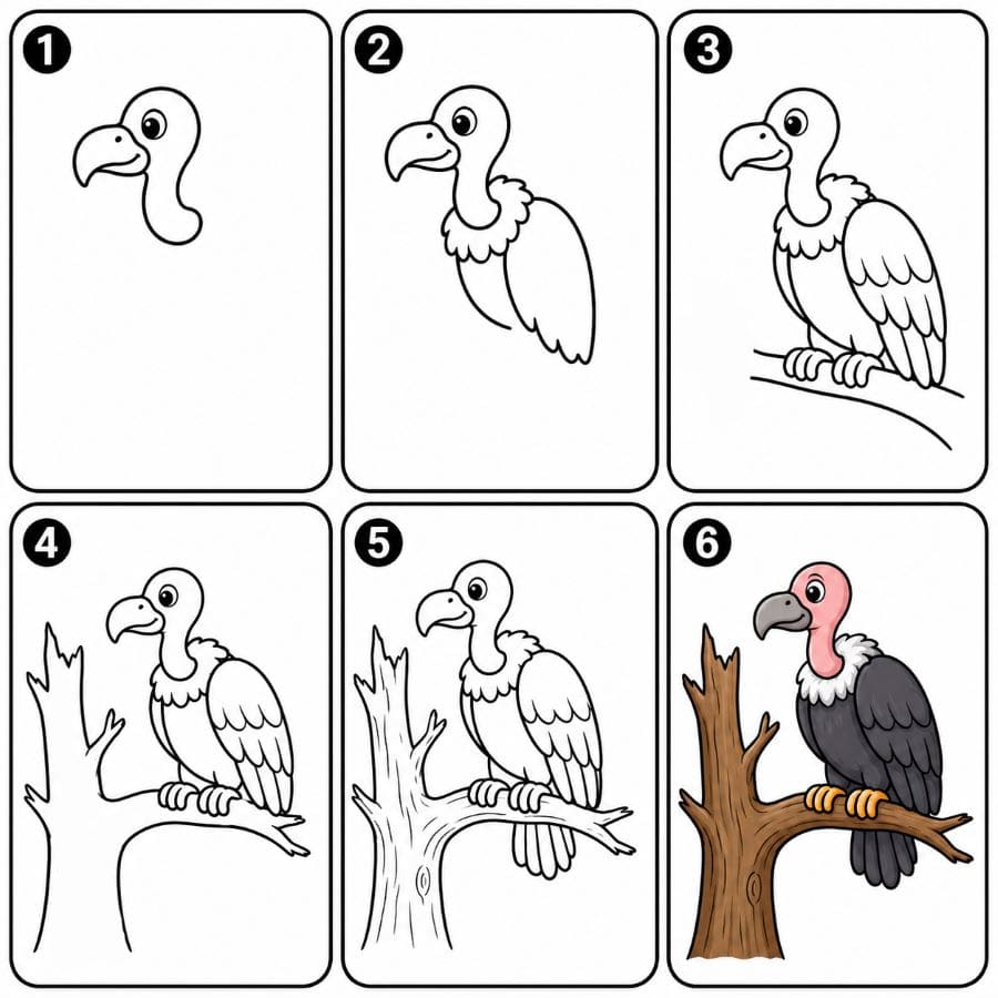 Vulture on a dry tree Drawing Ideas