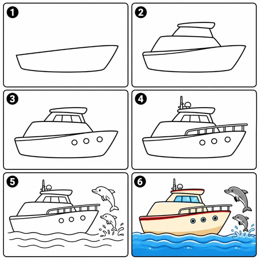 Yacht and dolphins Drawing Ideas