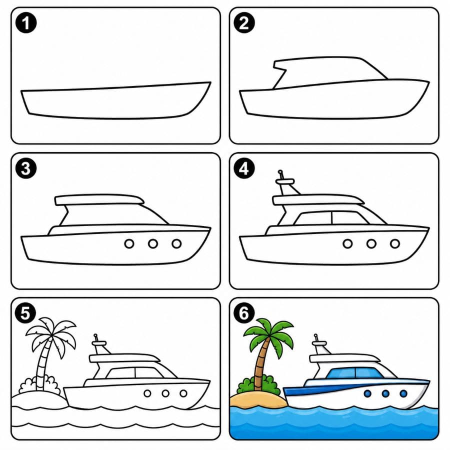 Yacht near an island Drawing Ideas