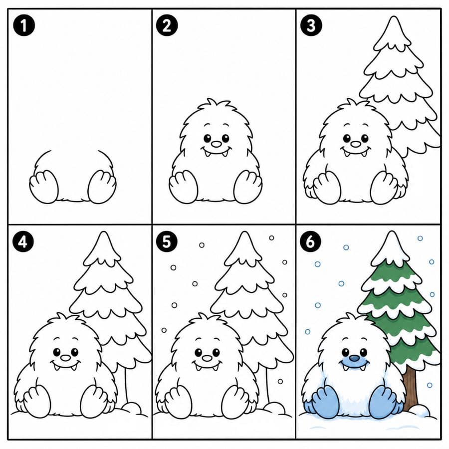 Yeti sitting under a snowy pine tree Drawing Ideas