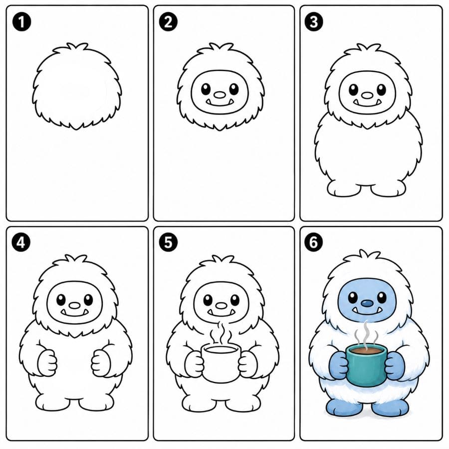 Yeti with a cup of hot tea Drawing Ideas
