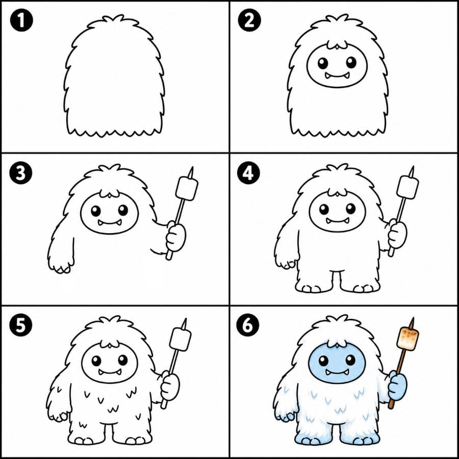 Yeti with a roasted marshmallow skewer Drawing Ideas