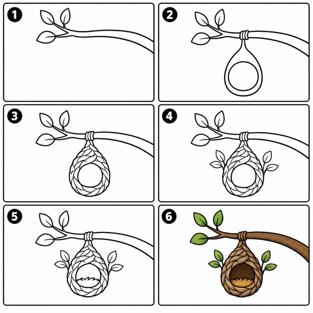 Bird nest hanging from a tree Drawing Ideas