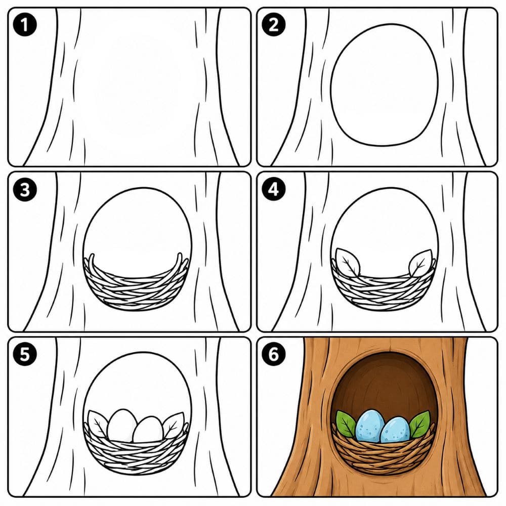 Bird nest inside a tree hole Drawing Ideas