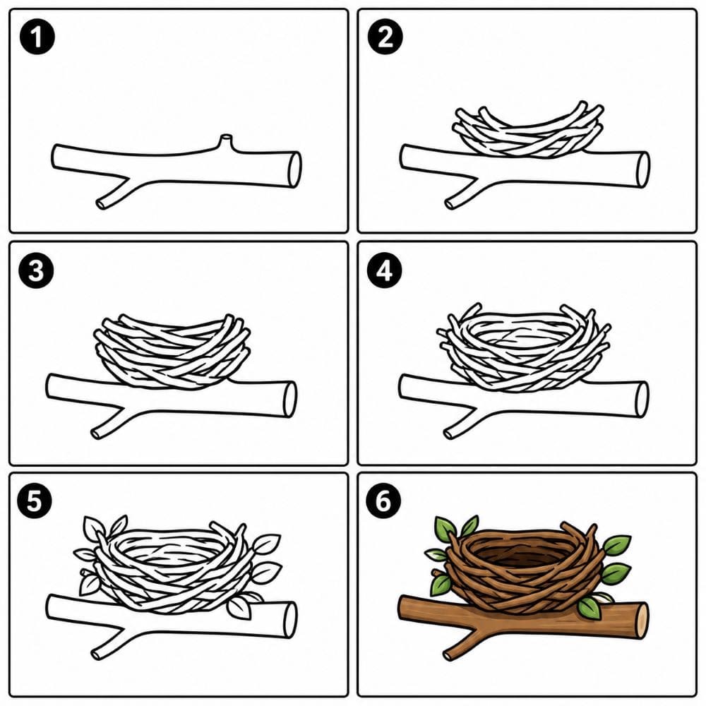 Bird nest on a branch Drawing Ideas