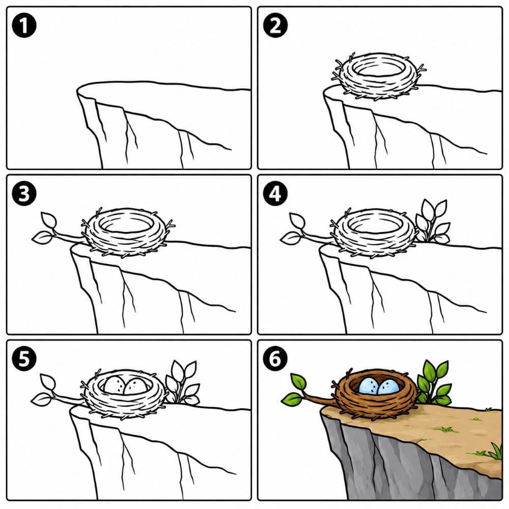 Bird nest on a cliff Drawing Ideas