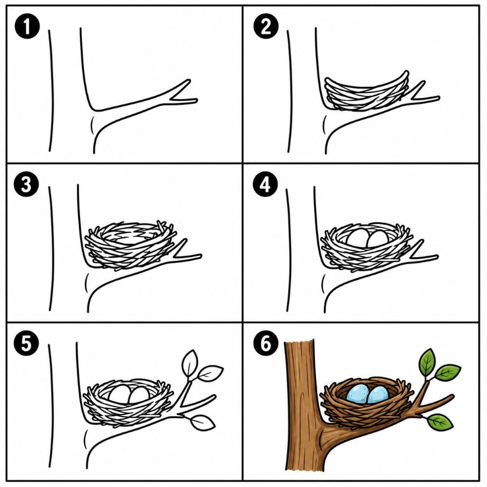Bird nest on a tree Drawing Ideas