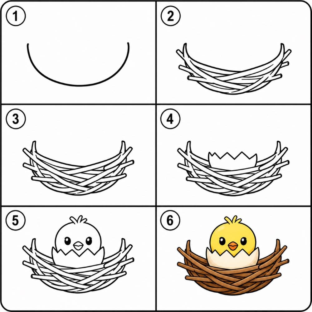 Bird nest with a baby bird peeking Drawing Ideas