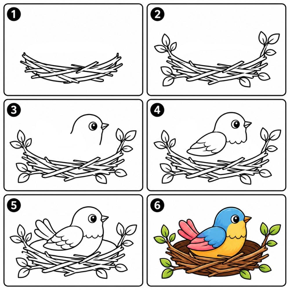 Bird nest with a colorful bird Drawing Ideas