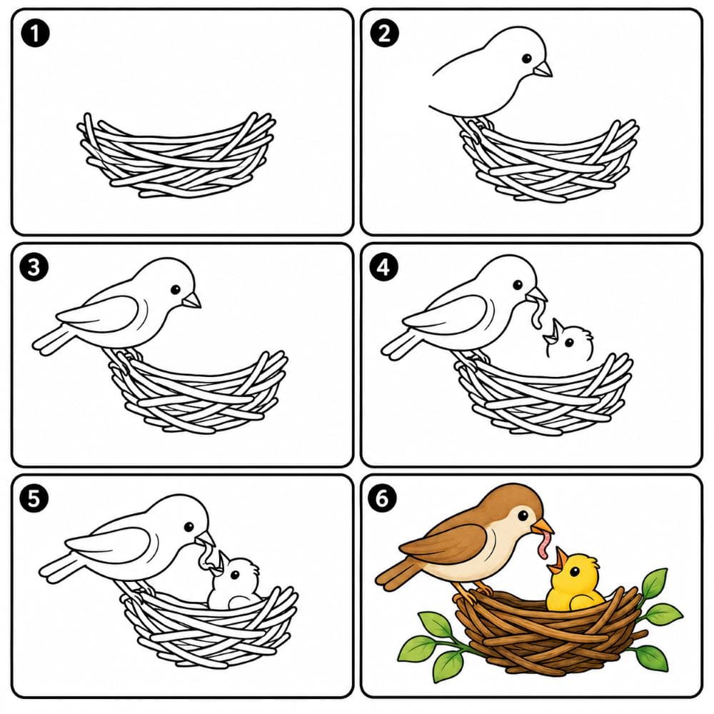 Bird nest with a mama bird feeding a chick Drawing Ideas
