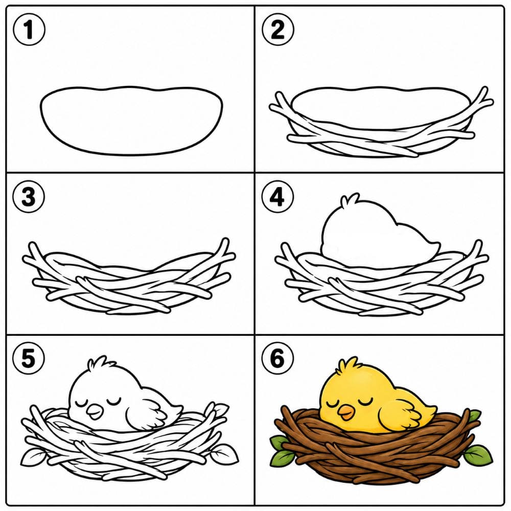 Bird nest with a sleeping baby bird Drawing Ideas