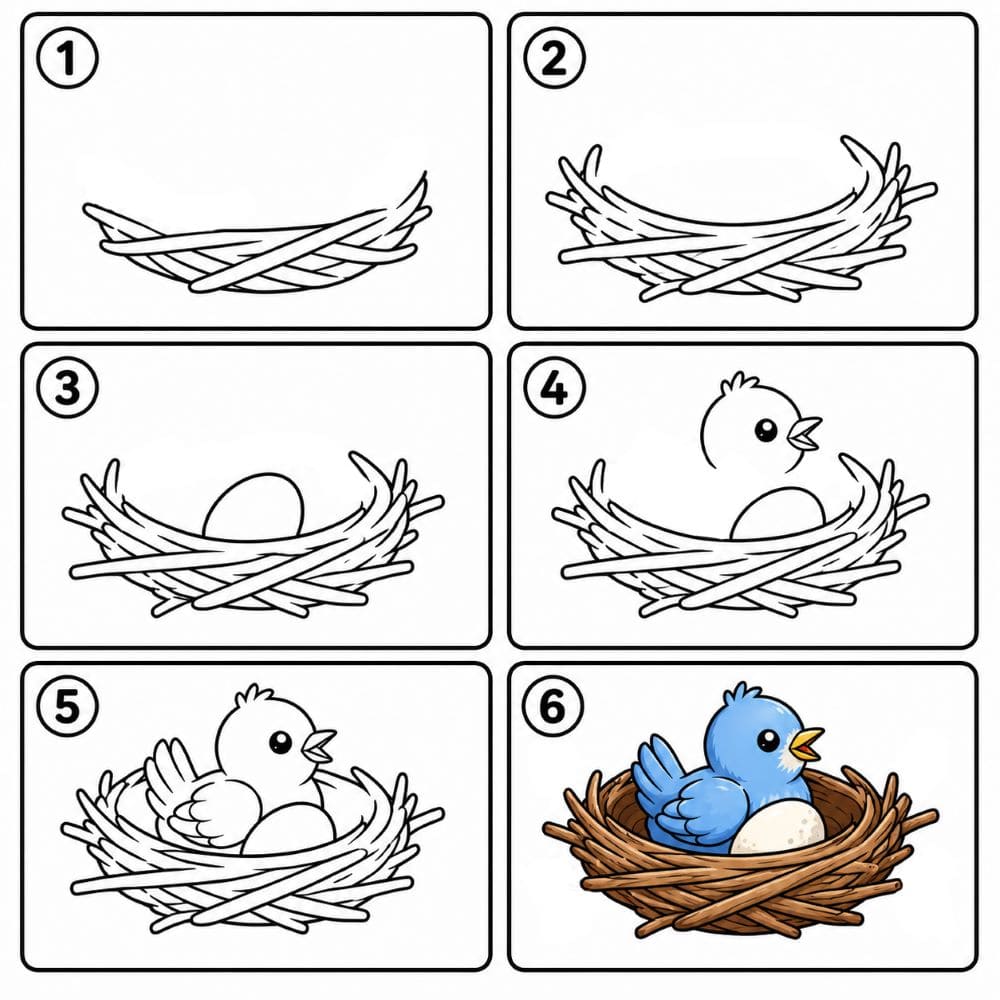 Bird nest with bird and egg Drawing Ideas