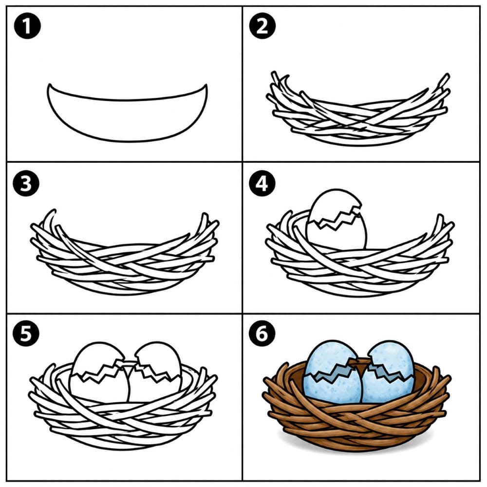 Bird nest with cracked eggs Drawing Ideas