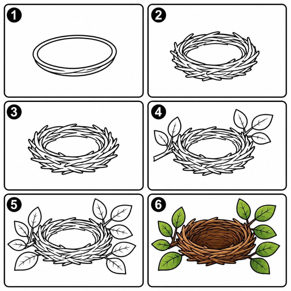 Bird nest with green leaves around Drawing Ideas