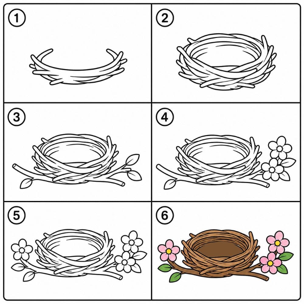 Bird nest with small flowers Drawing Ideas