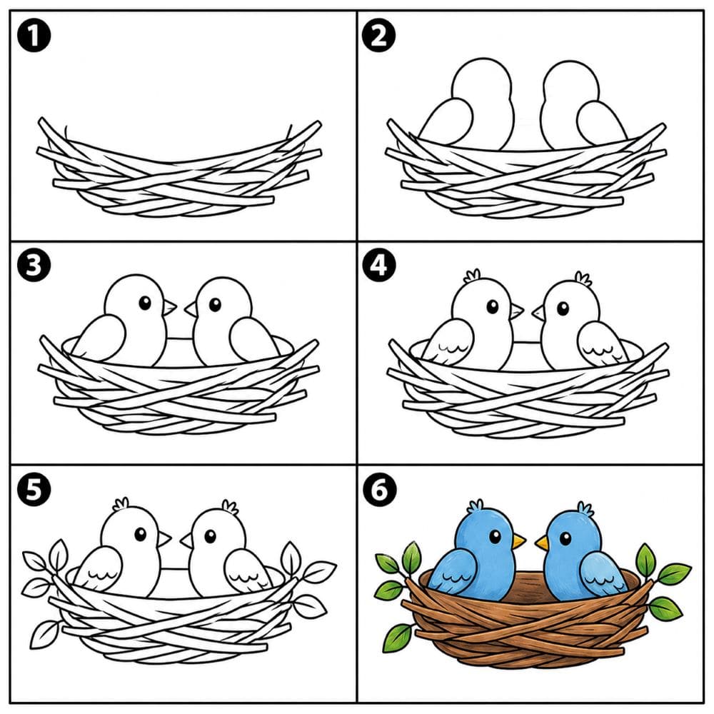 Bird nest with two birds Drawing Ideas