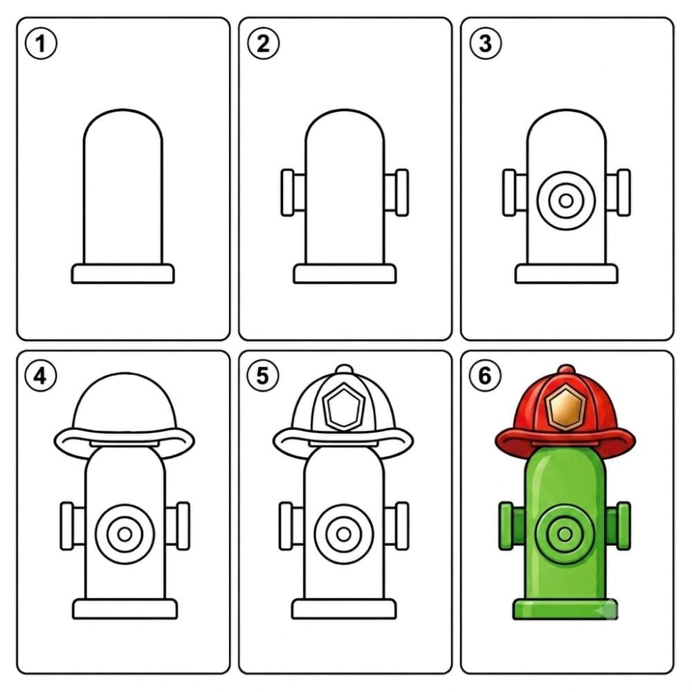 Fire hydrant with a firefighter helmet on top Drawing Ideas