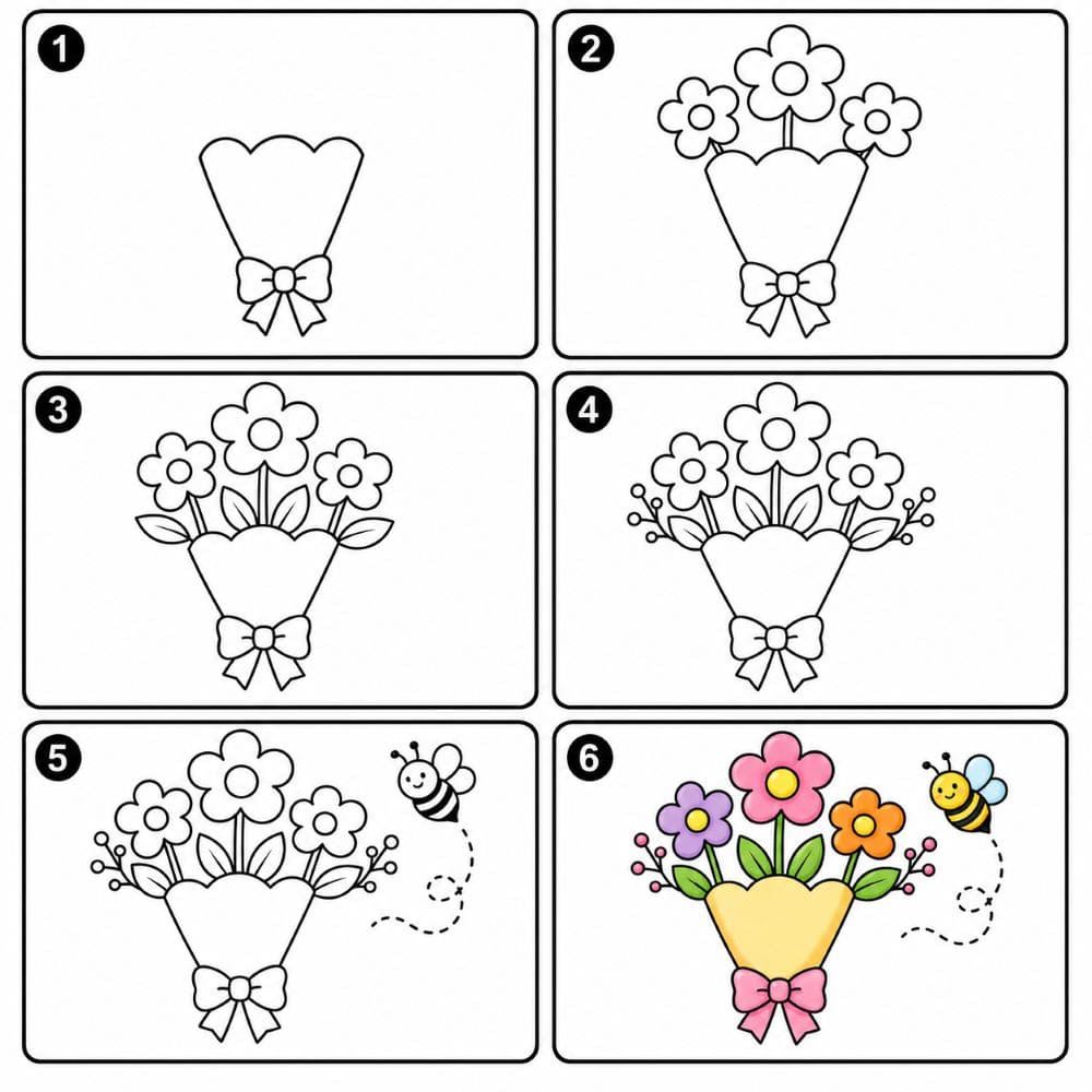 Flower Bouquet with Bee Drawing Ideas