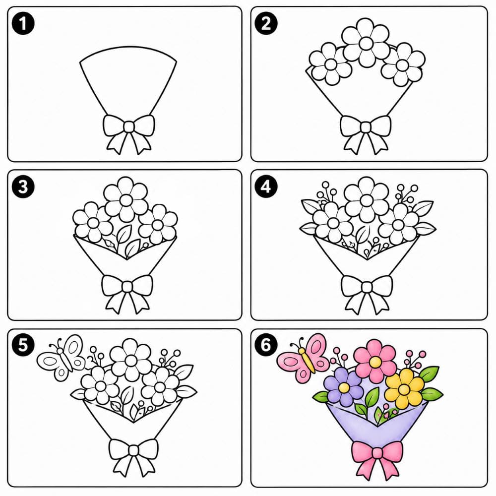 Flower Bouquet with Butterfly Drawing Ideas