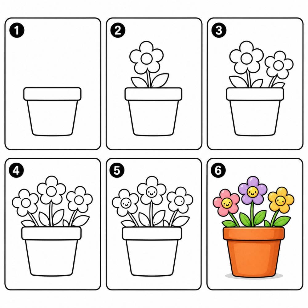 Flower pot with cute cartoon flowers Drawing Ideas