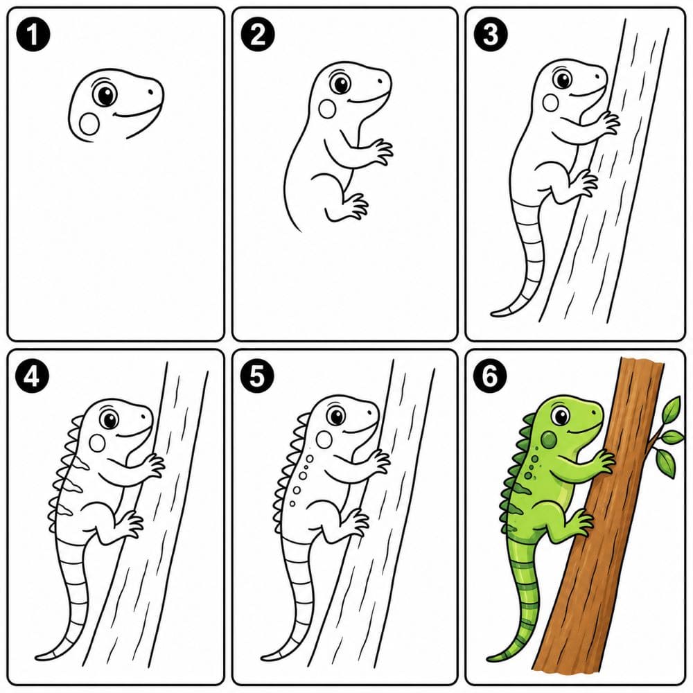 Iguana climbing a tree Drawing Ideas
