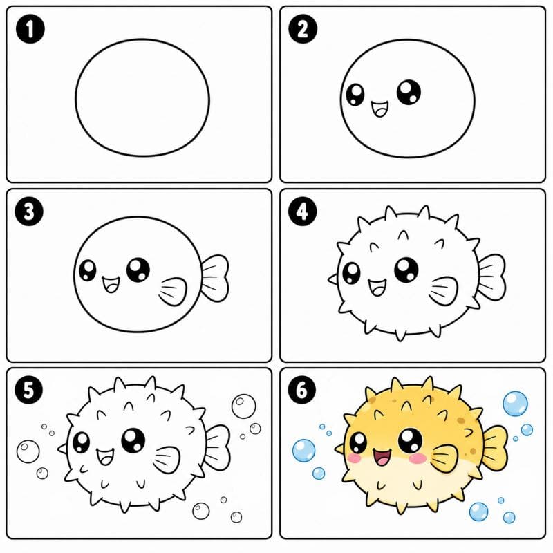 Kawaii pufferfish Drawing Ideas