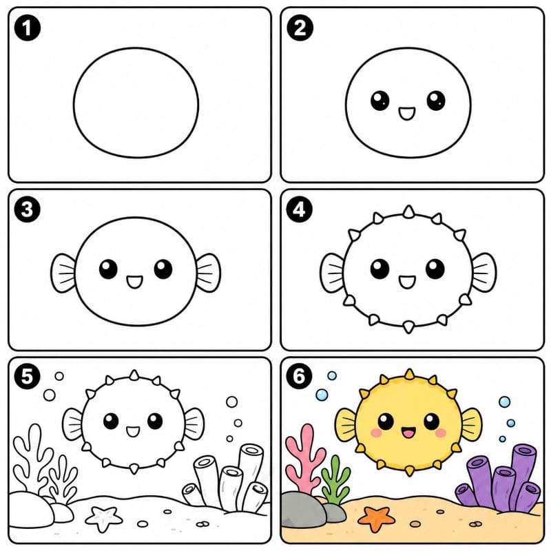 Pufferfish in a coral reef Drawing Ideas