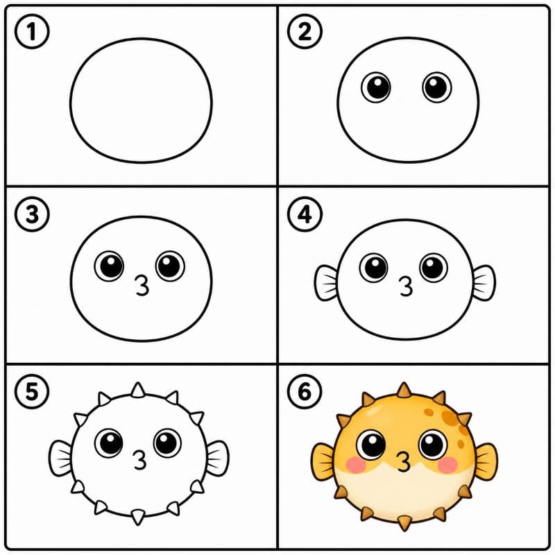 Pufferfish with a kissy face Drawing Ideas