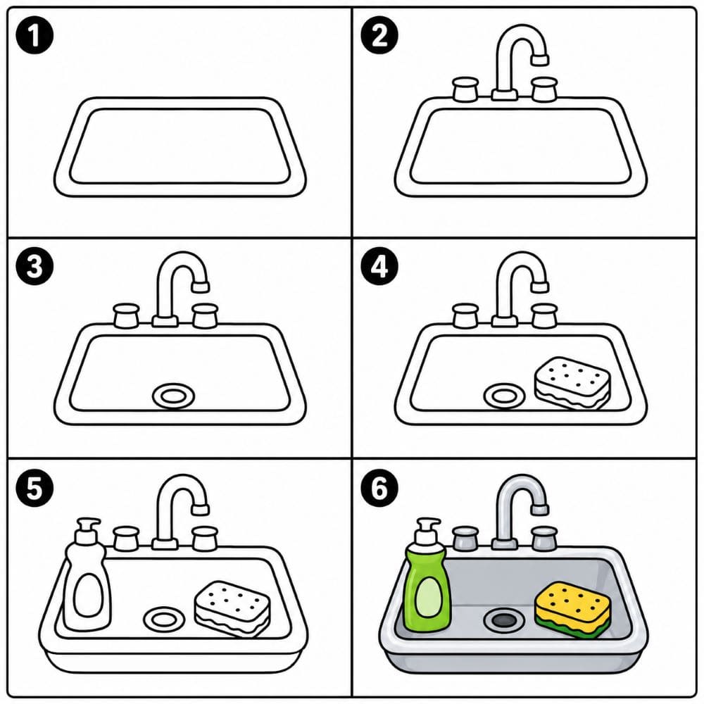 Sink with a sponge and dish soap Drawing Ideas