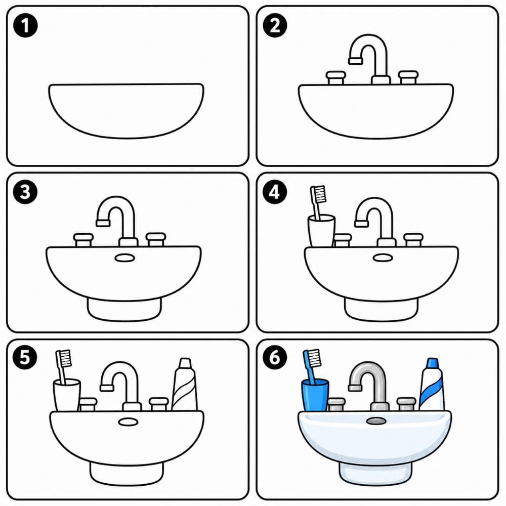 Sink with toothbrush and toothpaste Drawing Ideas
