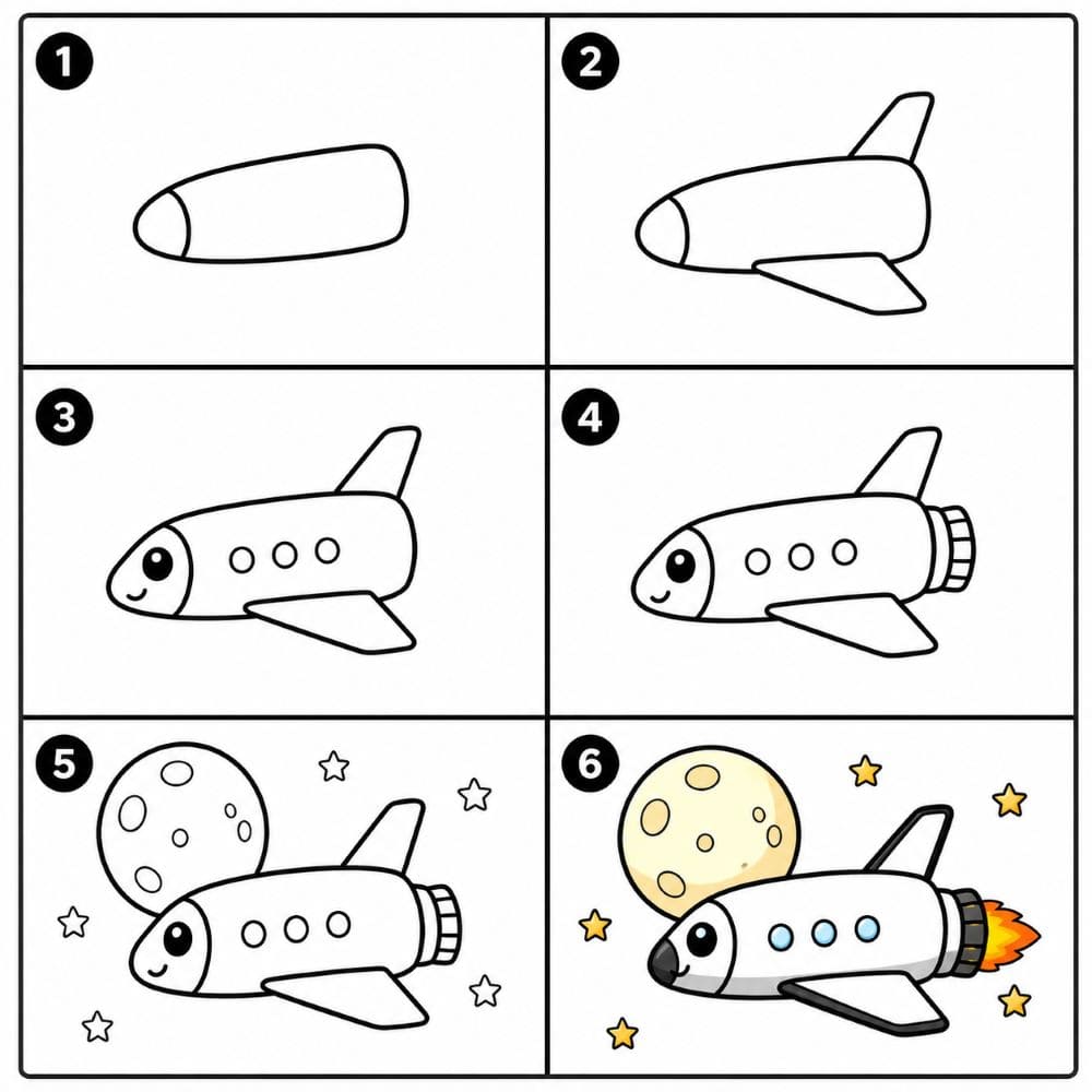 Space shuttle near the moon Drawing Ideas